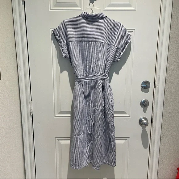 Time and Tru Blue White Striped Midi Shirt Dress Size Medium Tie Waist A-Line - Picture 10 of 11